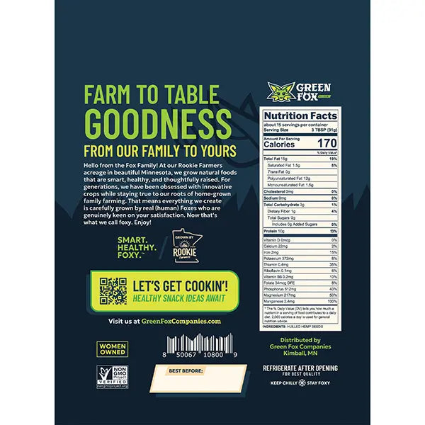 Hemp Hearts nutrition label with 'Farm to Table Goodness' text and nutrition facts on a dark background