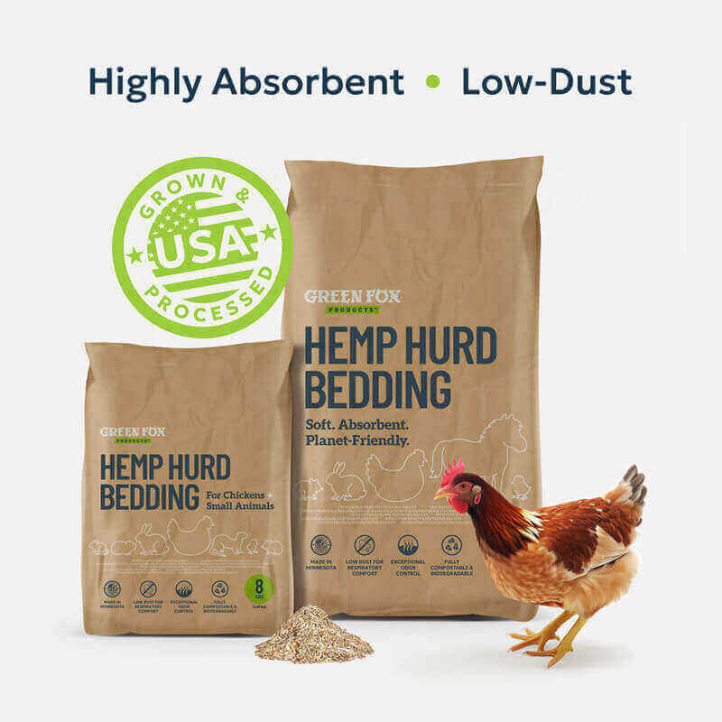 8 and 28lb bags of hemp bedding for chickens. Made in the USA.